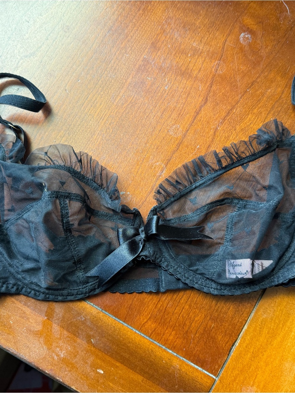 Agent Provocateur Black Sheer Ruffle Underwire Bra with Satin Bow